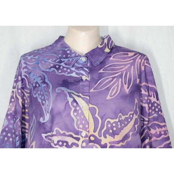 Kameja Batik Purple Blue White Floral Blooms Cotton Long Sleeve Top 3XL. - Picture 3 of 4